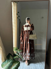 YEZWE Modest Coquette Maxi Dress in brown with floral design and puff sleeves for elegant style